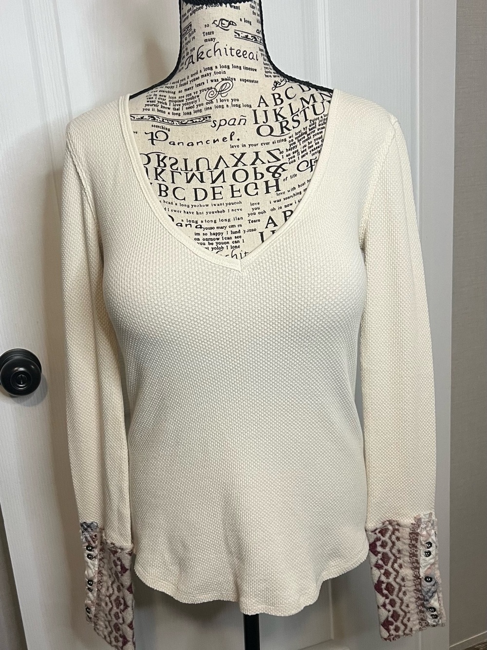 We The Free Cream V-Neck Long Sleeve Top with Patterned Cuffs